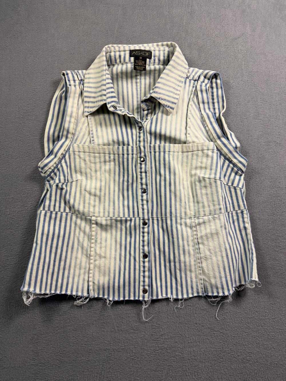 AS by DF Blue White Vertical Stripe Raw Hem Sleeveless Crop Button Vest Top M